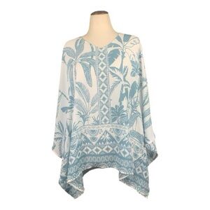 NWOT Tropical White Seafoam Green Sheer Poncho Palm Tree Pattern V Neck Size XL